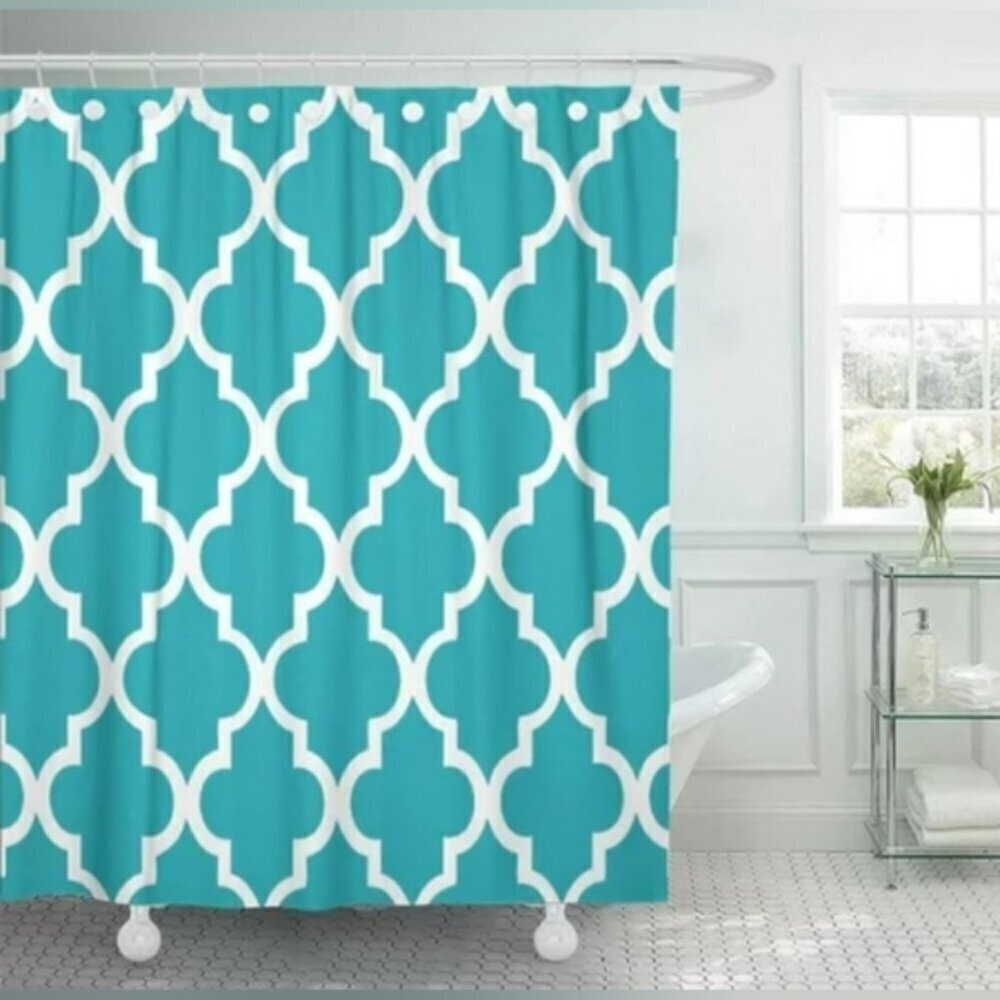 Colorful Geometric Teal Quatrefoil Pattern Moroccan Shower Curtains NWT